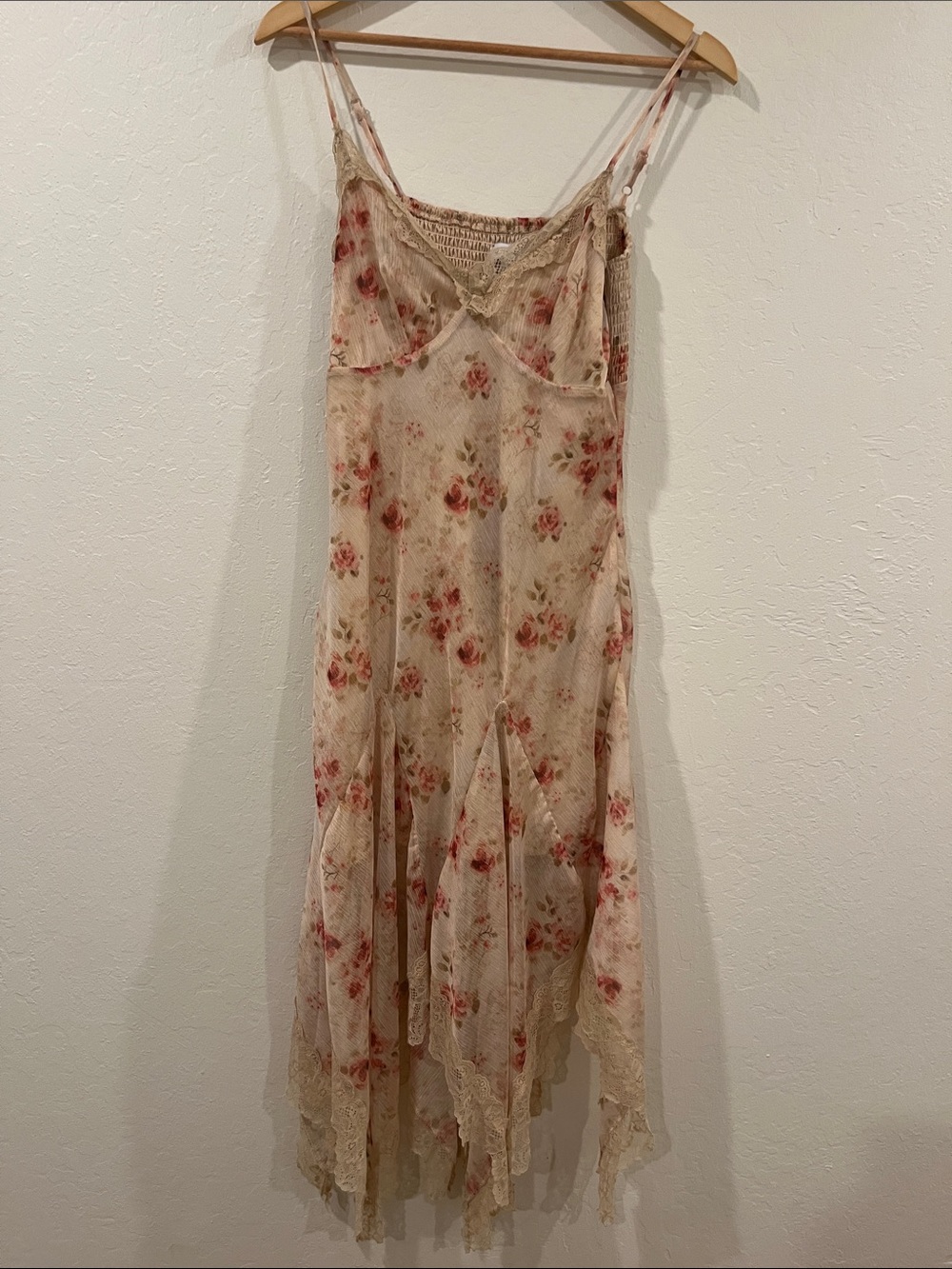 Country Chic Asymmetrical Slip Dress in Cream with Pink Floral Print